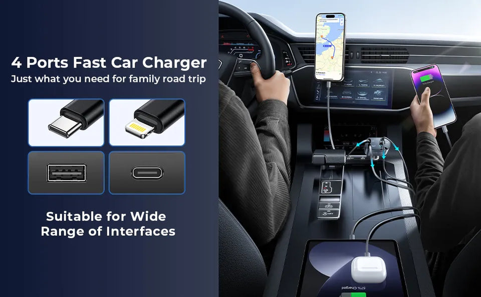 Multi-Port 120W Retractable USB-C Car Charger for Mobile Devices