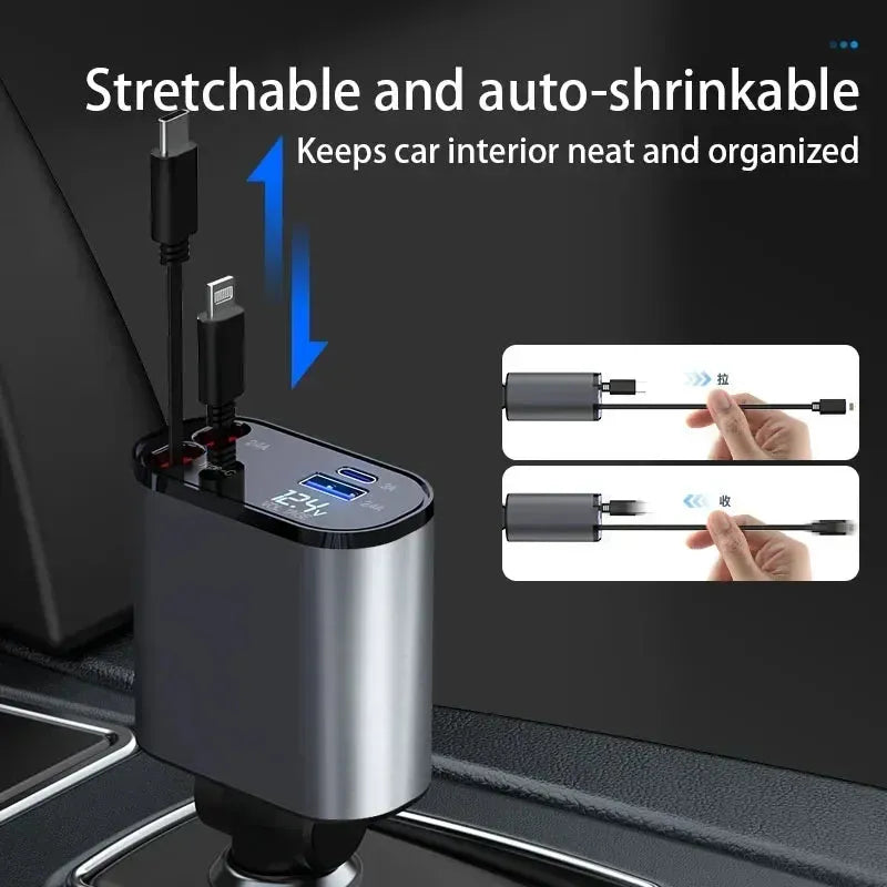 Multi-Port 120W Retractable USB-C Car Charger for Mobile Devices