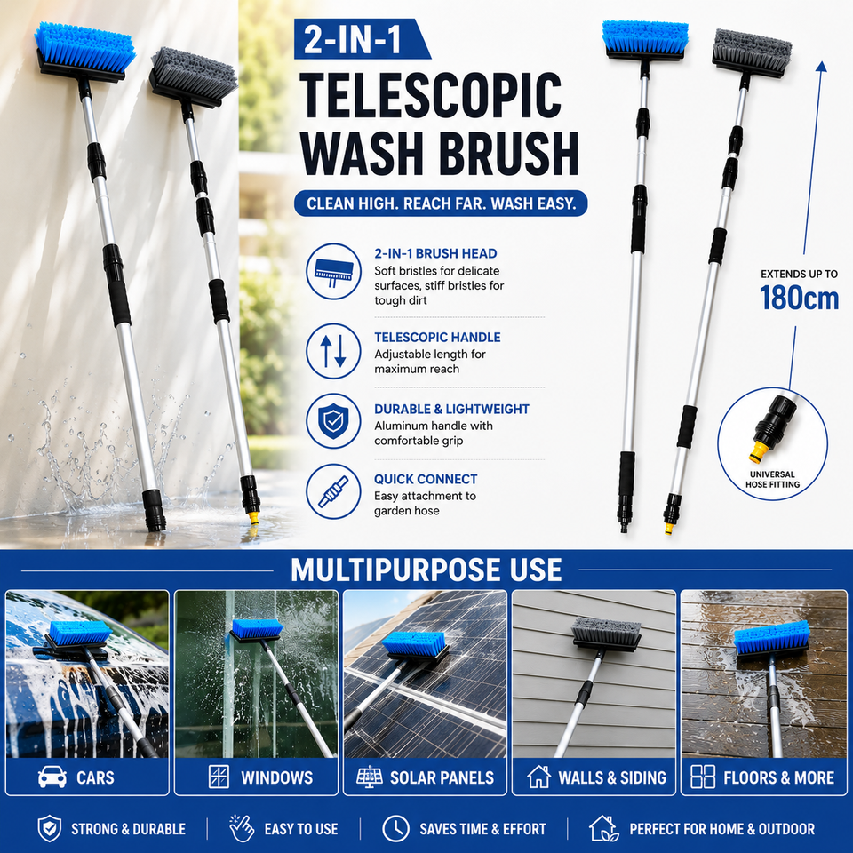 12FT Solar Panel Cleaning Brush with Water Flow | Extendable Telescopic Cleaning Brush