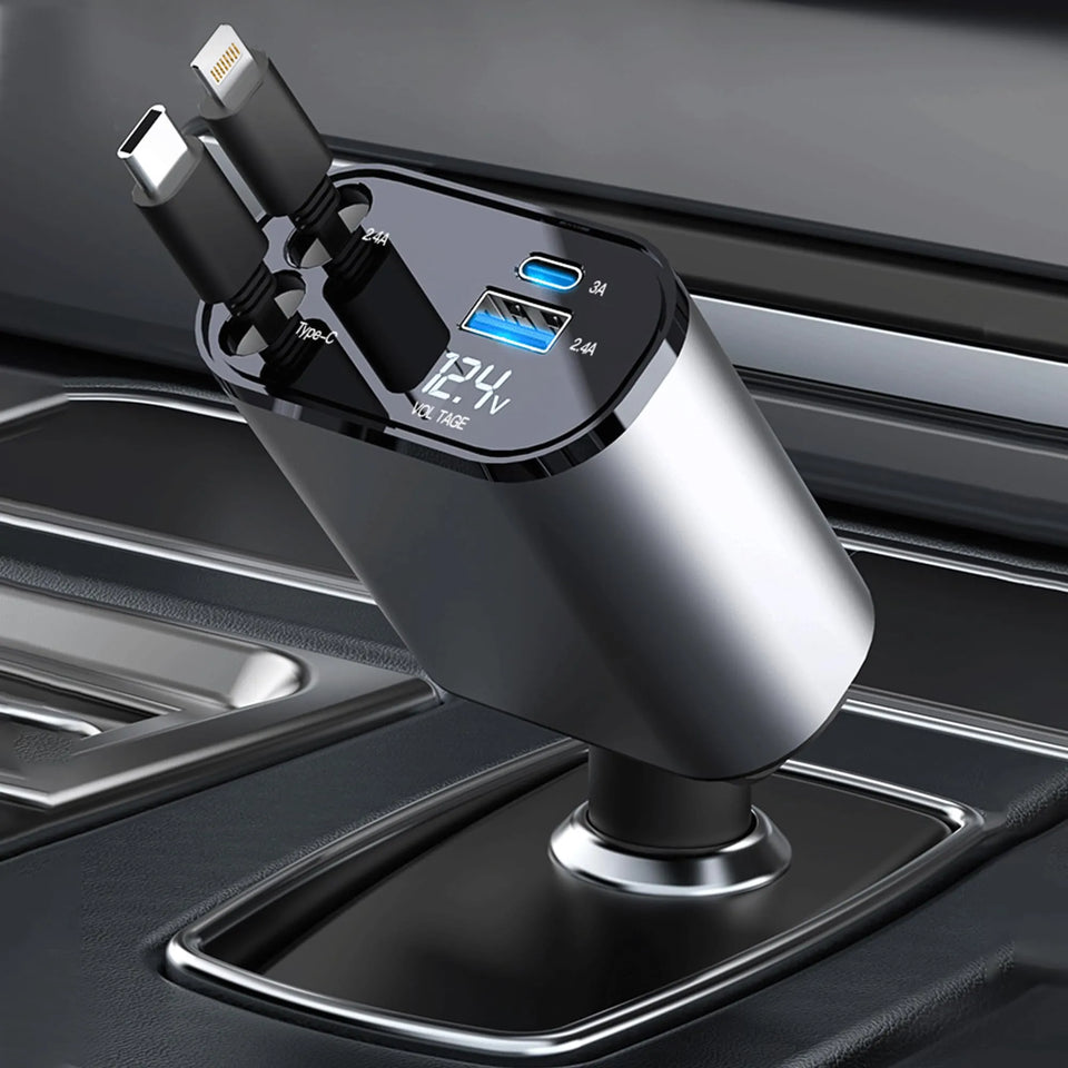 Multi-Port 120W Retractable USB-C Car Charger for Mobile Devices