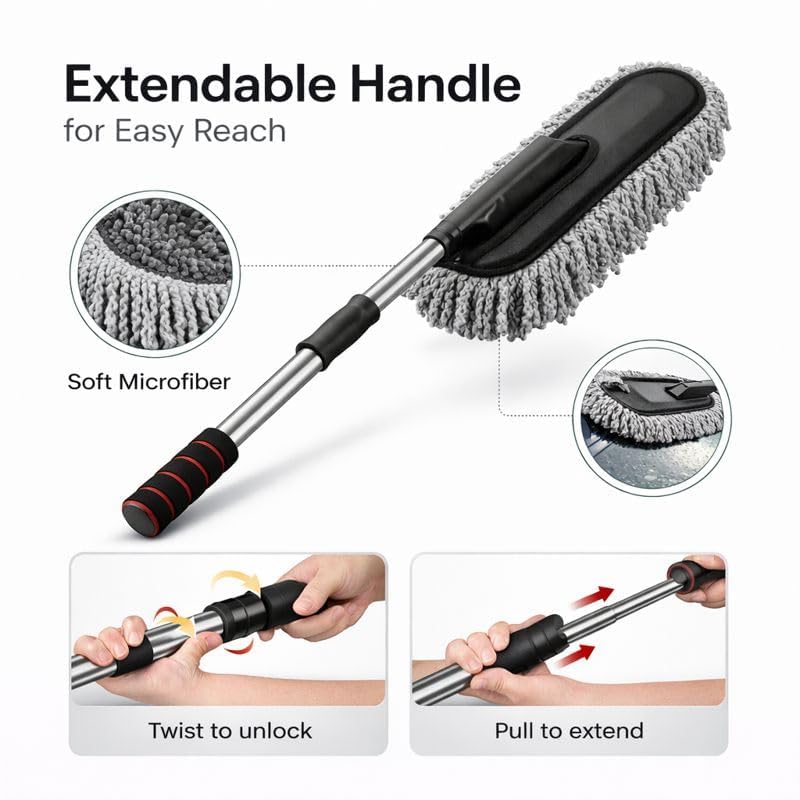 Microfiber Extendable Cleaning Mop Car Wash Cleaning Brush Car Duster, Scratch Free Auto Exterior Interior Large Dusting Cleaning Brush