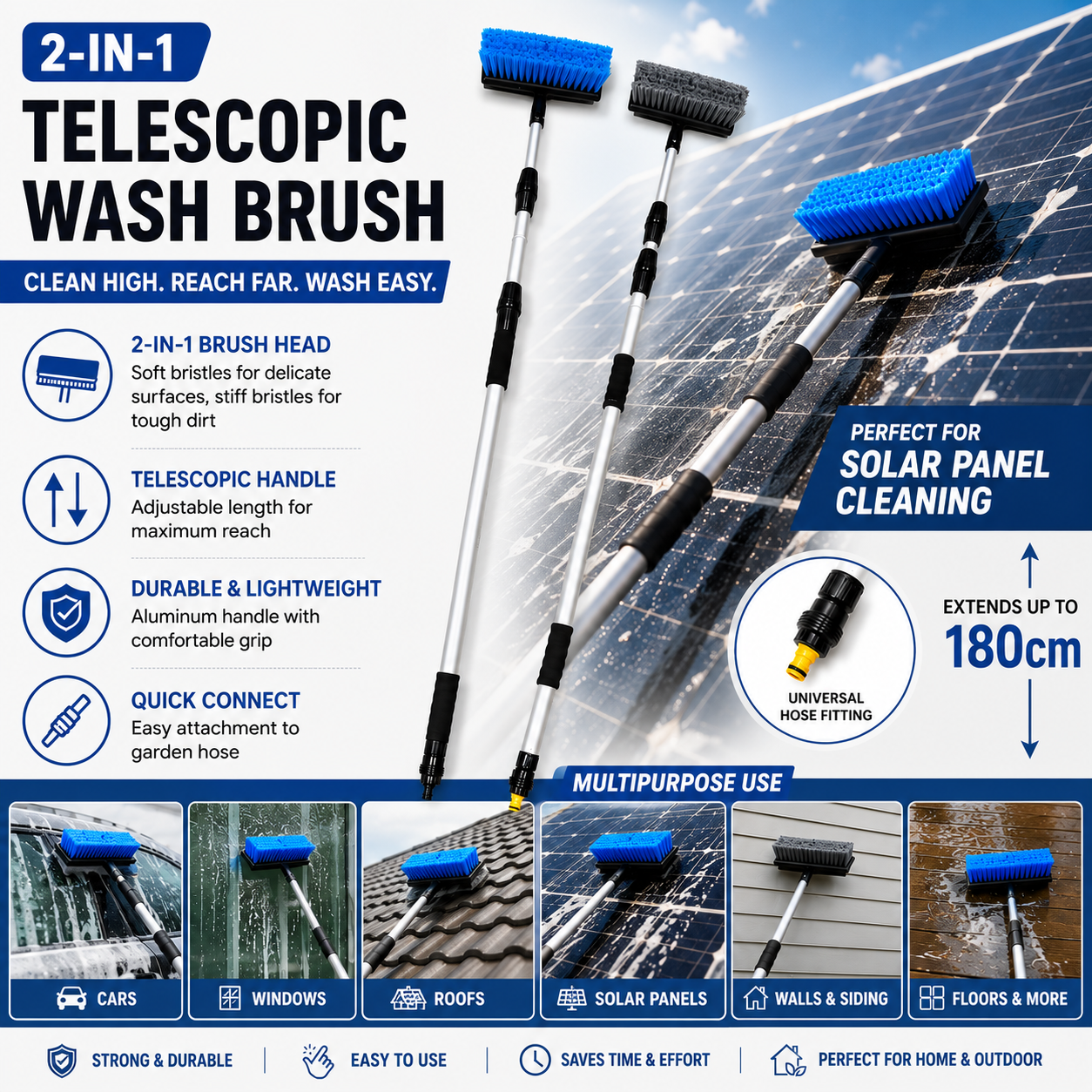 12FT Solar Panel Cleaning Brush with Water Flow | Extendable Telescopic Cleaning Brush