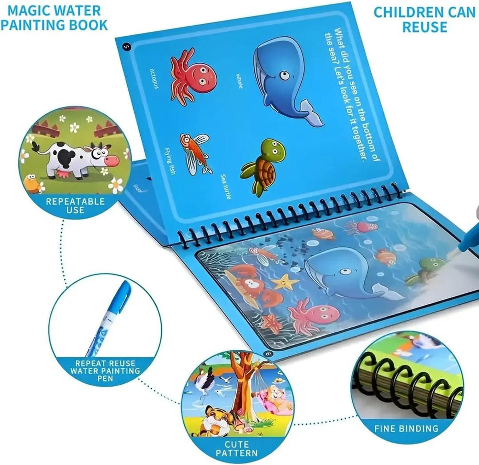 Magic Water Drawing Book for Kids – Reusable Mess-Free Coloring Book with Magic Pen