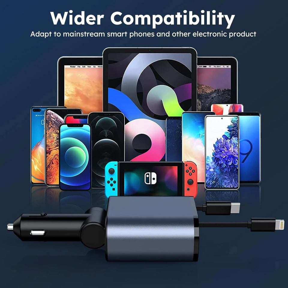 Multi-Port 120W Retractable USB-C Car Charger for Mobile Devices