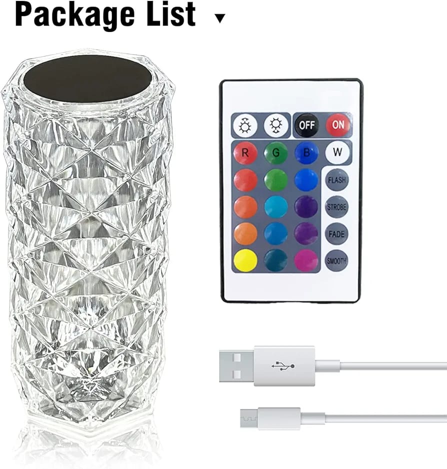 16-Color Crystal Diamond LED Table Lamp – Touch & Remote Control | Rechargeable