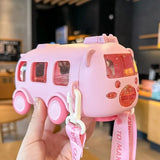 Cute Bus Shape Kids Water Bottle with Straw & Carry Strap | Leakproof Travel Bottle