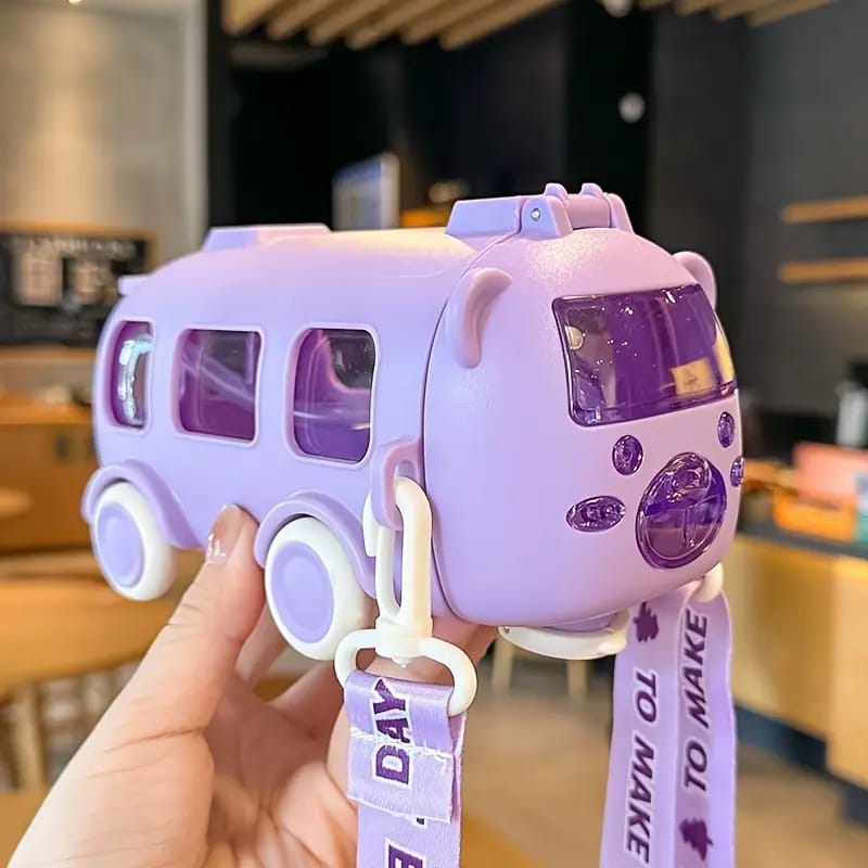 Cute Bus Shape Kids Water Bottle with Straw & Carry Strap | Leakproof Travel Bottle