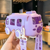 Cute Bus Shape Kids Water Bottle with Straw & Carry Strap | Leakproof Travel Bottle
