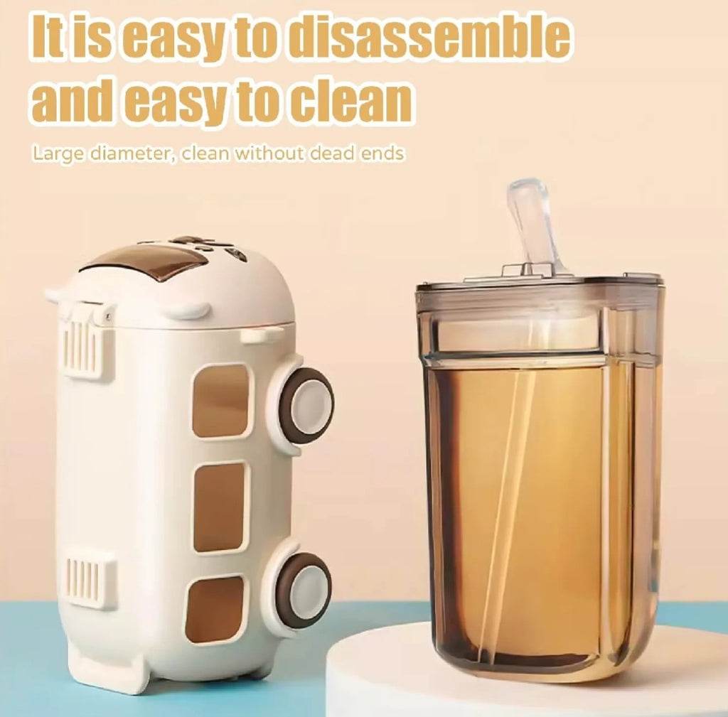 Cute Bus Shape Kids Water Bottle with Straw & Carry Strap | Leakproof Travel Bottle