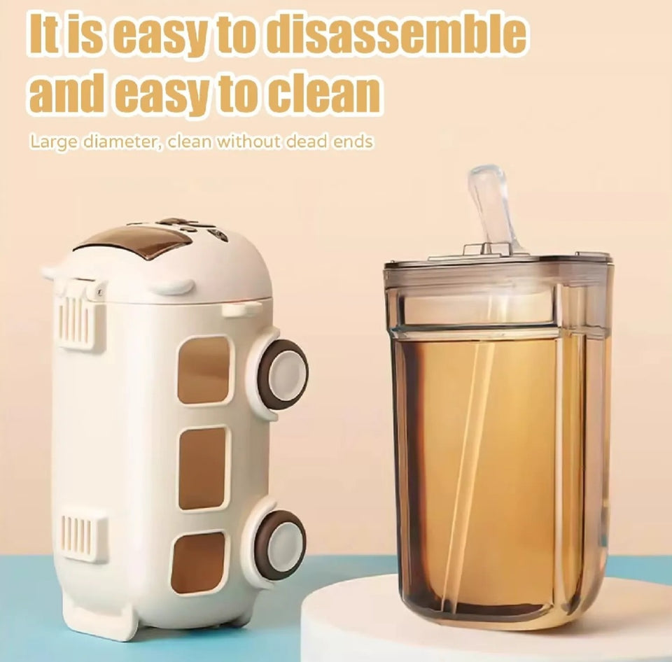Cute Bus Shape Kids Water Bottle with Straw & Carry Strap | Leakproof Travel Bottle