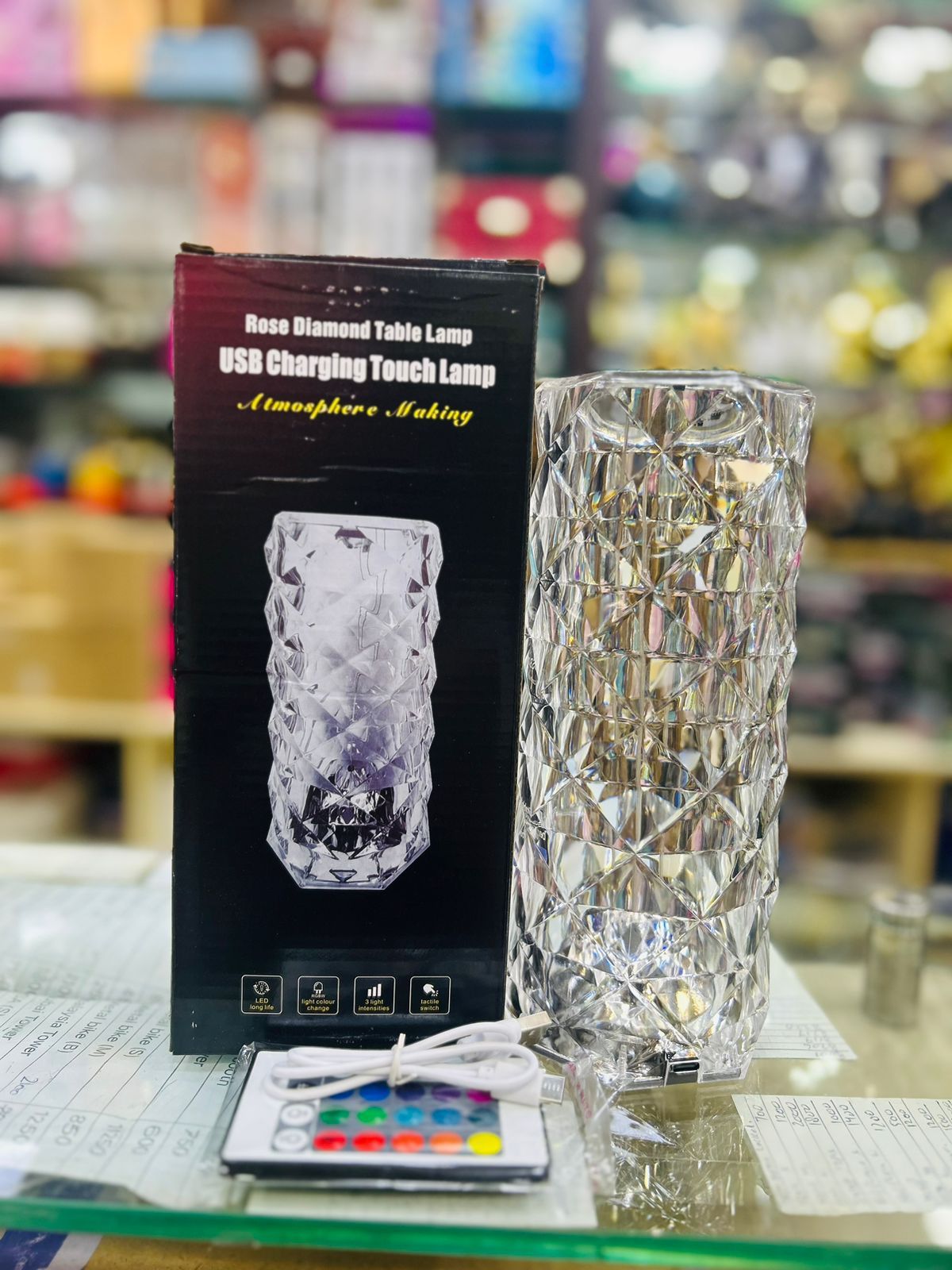 16-Color Crystal Diamond LED Table Lamp – Touch & Remote Control | Rechargeable
