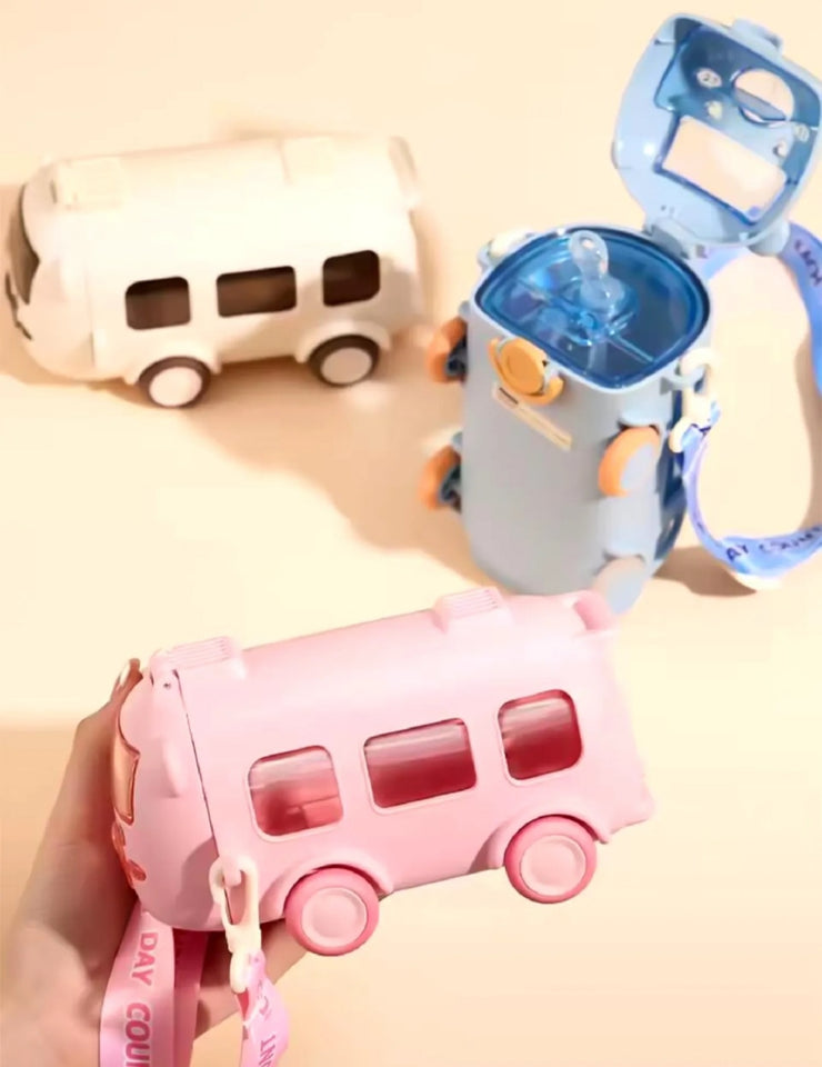 Cute Bus Shape Kids Water Bottle with Straw & Carry Strap | Leakproof Travel Bottle